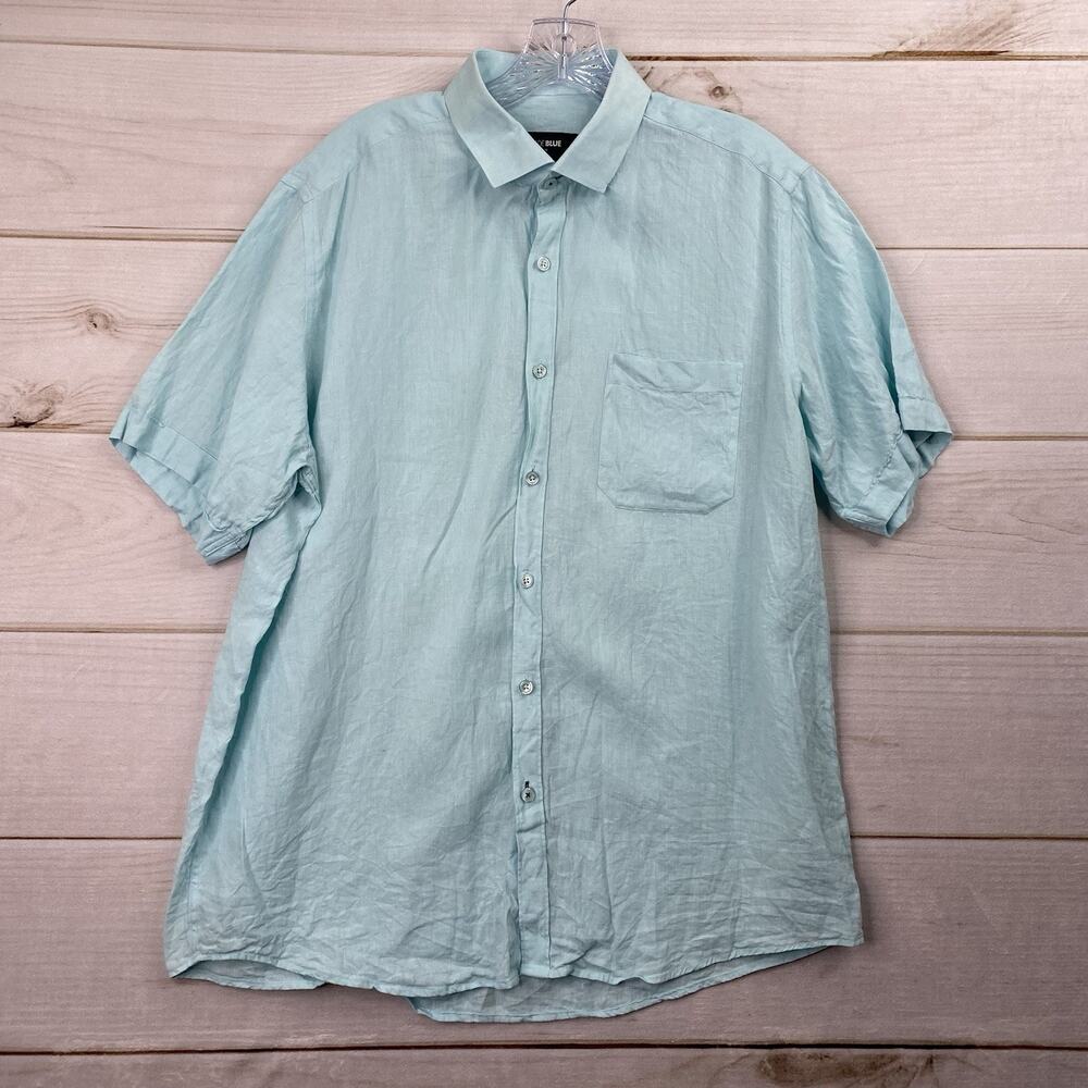 Jade Blue Mens Shirt 16.5 L Aqua Blue Linen Button Up Short Sleeve Beach Vacay